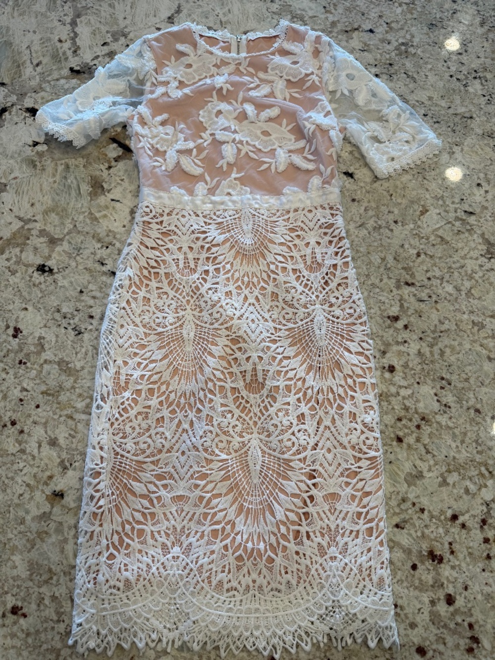 Lulus White Floral Crochet Lace Nude Lining Short Sleeve Midi Dress Elegant XS